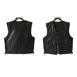 FOESCE 1PCS Punk Biker Vest Lace Button Autumn Sleeveless Jacket For Men Black Leather Polyester Motorcycle Vest For Men