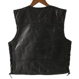 FOESCE 1PCS Punk Biker Vest Lace Button Autumn Sleeveless Jacket For Men Black Leather Polyester Motorcycle Vest For Men