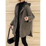 FOESCE 2025 Spring Autumn New Korean Hooded Thousand Bird Plaid Woolen Coat Mid length Loose Fashion Slim Woolen Coat Commuter Plaid