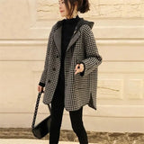 FOESCE 2025 Spring Autumn New Korean Hooded Thousand Bird Plaid Woolen Coat Mid length Loose Fashion Slim Woolen Coat Commuter Plaid