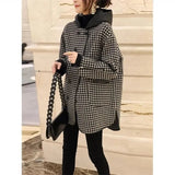 FOESCE 2025 Spring Autumn New Korean Hooded Thousand Bird Plaid Woolen Coat Mid length Loose Fashion Slim Woolen Coat Commuter Plaid