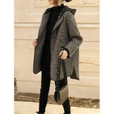 FOESCE 2025 Spring Autumn New Korean Hooded Thousand Bird Plaid Woolen Coat Mid length Loose Fashion Slim Woolen Coat Commuter Plaid