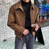 2024 Elegant Solid Brown Coat Men Spring Autumn High-End Loose Lapel New Zipper Short Jacket Vintage Streetwear Bomber Jacket