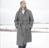 FOESCE 2025 Men's Medium And Long Suit Collar Plaid Coat Men's Double-breasted Cotton-padded Autumn And Winter Fashion