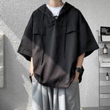 Foesce 2025 Summer Men Hooded Shirt Korean Half Sleeve Pullover Streetwear Hip Hop Loose Shirt Tops Drawstring Men Clothing M-5XL