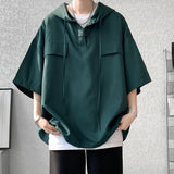 Foesce 2025 Summer Men Hooded Shirt Korean Half Sleeve Pullover Streetwear Hip Hop Loose Shirt Tops Drawstring Men Clothing M-5XL