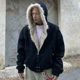 FOESCE 2025 Winter Retro Fur Collar And Velvet Padded Warm Hooded Coat Korean Men Y2K New Harajuku Hip Hop Goth Casual Joker Couple