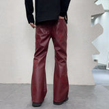 American Designer Wine Red Leather Pants For Men Staight Fit Pattern Patchworks Flared Trousers