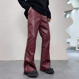 American Designer Wine Red Leather Pants For Men Staight Fit Pattern Patchworks Flared Trousers