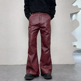 American Designer Wine Red Leather Pants For Men Staight Fit Pattern Patchworks Flared Trousers