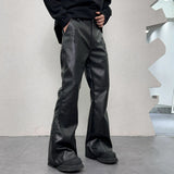 American Designer Wine Red Leather Pants For Men Staight Fit Pattern Patchworks Flared Trousers