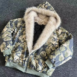 FOESCE American Fashion New Camouflage Fur Collar Thick Velvet Jacket Y2K Punk Wind Rock Tide Brand Baggy Hooded Couple Sports Coats