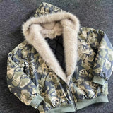 FOESCE American Fashion New Camouflage Fur Collar Thick Velvet Jacket Y2K Punk Wind Rock Tide Brand Baggy Hooded Couple Sports Coats