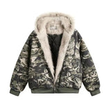 FOESCE American Fashion New Camouflage Fur Collar Thick Velvet Jacket Y2K Punk Wind Rock Tide Brand Baggy Hooded Couple Sports Coats