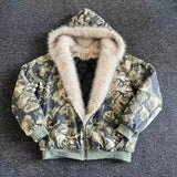 FOESCE American Fashion New Camouflage Fur Collar Thick Velvet Jacket Y2K Punk Wind Rock Tide Brand Baggy Hooded Couple Sports Coats