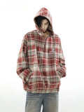 FOESCE American Retro Plaid Design Versatile Couple Jackets Men Women Hooded Letter Embroidery Long-sleeved Slimming Loose Casual Coats