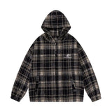 FOESCE American Retro Plaid Design Versatile Couple Jackets Men Women Hooded Letter Embroidery Long-sleeved Slimming Loose Casual Coats