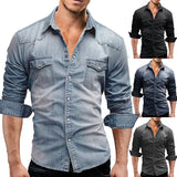 Autumn Men Denim Tshirt Mens Long Sleeve Soft Cotton Slim Jeans T-Shirts Male Cowboy Tops Tees Xxxl