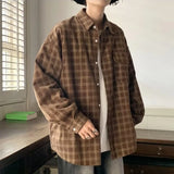 FOESCE Autumn Plaid Corduroy Men Shirts 2025 New Y2K Streetwear Workwear Blouses Retro Long Sleeve Cargo Shirt Loose Casual Tops