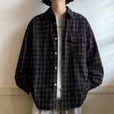 FOESCE Autumn Plaid Corduroy Men Shirts 2025 New Y2K Streetwear Workwear Blouses Retro Long Sleeve Cargo Shirt Loose Casual Tops