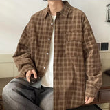 FOESCE Autumn Plaid Corduroy Men Shirts 2025 New Y2K Streetwear Workwear Blouses Retro Long Sleeve Cargo Shirt Loose Casual Tops