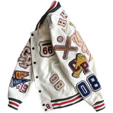 FOESCE Baseball uniform Y2K men's spring and autumn retro trend leather jacket ins heavy industry embroidery white short coat hot sale