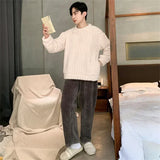 FOESCE Casual Men's Autumn Winter Warm Pajamas Set Warm Coral Fleece Striped Pullover + Plush Pants 2Pcs Sleepwear Male Loose Homewear