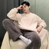 FOESCE Casual Men's Autumn Winter Warm Pajamas Set Warm Coral Fleece Striped Pullover + Plush Pants 2Pcs Sleepwear Male Loose Homewear