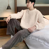 FOESCE Casual Men's Autumn Winter Warm Pajamas Set Warm Coral Fleece Striped Pullover + Plush Pants 2Pcs Sleepwear Male Loose Homewear