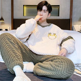 FOESCE Casual Men's Autumn Winter Warm Pajamas Set Warm Coral Fleece Striped Pullover + Plush Pants 2Pcs Sleepwear Male Loose Homewear