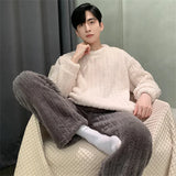 FOESCE Casual Men's Autumn Winter Warm Pajamas Set Warm Coral Fleece Striped Pullover + Plush Pants 2Pcs Sleepwear Male Loose Homewear