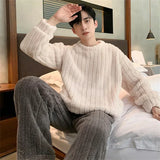 FOESCE Casual Men's Autumn Winter Warm Pajamas Set Warm Coral Fleece Striped Pullover + Plush Pants 2Pcs Sleepwear Male Loose Homewear