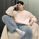 FOESCE Casual Men's Autumn Winter Warm Pajamas Set Warm Coral Fleece Striped Pullover + Plush Pants 2Pcs Sleepwear Male Loose Homewear