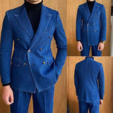 FOESCE Denim Double Breasted Men Suits Peak Lapel Flat Front Male Clothing High Quality Casual 2 Piece Jacket Pants Sets Formal Blazer