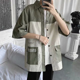 FOESCE Elegant Fashion Shirts Loose Solid Patchwork Casual Turn-down Collar Short Sleeve Pockets Spring Summer Thin Men's Clothing 2025