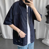 FOESCE Elegant Fashion Shirts Loose Solid Patchwork Casual Turn-down Collar Short Sleeve Pockets Spring Summer Thin Men's Clothing 2025