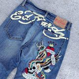 FOESCE Gothic Hip Hop Skull Embroidery Jeans for Men Casual Y2k High Waist Wide Leg Baggy Jeans Retro Straight Denim Pants Streetwear