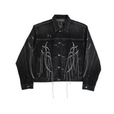 FOESCE Harajuku Wing Embroidery String Tassel Black Jeans Jacket for Men and Women Lapel Washed Casual Bomber Denim Coat Oversized