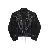 FOESCE Harajuku Wing Embroidery String Tassel Black Jeans Jacket for Men and Women Lapel Washed Casual Bomber Denim Coat Oversized