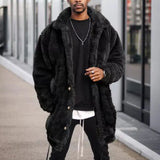 2024 Winter Clothing Men's Fleeced Mid-length Jacket Casual Streetwear Solid Color Loose Lapel Long Sleeve Premium Plush Coat