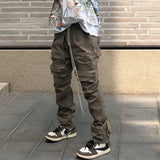 FOESCE High Street Multi-pocket Drawstring Overalls Mens Straight Vibe Style Oversize Casual Cargo Pants Hip Hop Loose Baggy Trousers