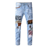 FOESCE High Street New Hip Hop Jeans Men Fashion Brand Black Blue Patch Embroidery Stretch Slim Fit Jeans Mens Summer Jeans Mens Jeans