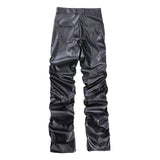 FOESCE Hip Hop Mens Pleated Pu Leather Pants Harajuku Retro Streetwear Loose Ruched Casual Trousers Straight Solid Color Black Pants