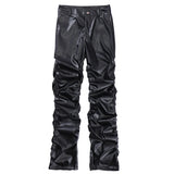 FOESCE Hip Hop Mens Pleated Pu Leather Pants Harajuku Retro Streetwear Loose Ruched Casual Trousers Straight Solid Color Black Pants