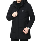 FOESCE Hooded Winter Down Cotton Coat for Men Parkas Thickened Solid Color Padded Cardigan Midi Length Zip Up Men's Warm Jacket