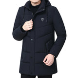 FOESCE Hooded Winter Down Cotton Coat for Men Parkas Thickened Solid Color Padded Cardigan Midi Length Zip Up Men's Warm Jacket