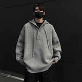 FOESCE IEFB Korean Style Men's Sweaters Casual Button Design Hooded Drawstring Round Neck Solid Color Knitting Male Loose Knits 9C8399