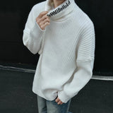 Korean Turtleneck Jacquard Knit Sweater Men Contrast Color Tops High Neck Letter 2024 Pullovers Autumn Winter Trend