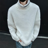 Korean Turtleneck Jacquard Knit Sweater Men Contrast Color Tops High Neck Letter 2024 Pullovers Autumn Winter Trend