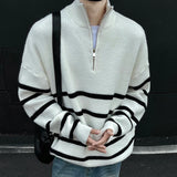 FOESCE IEFB Loose Mock Neck Male Sweater Stripe Half Zipper Zipper Knitting Pullovers Casual New Trendy Men Clothing  Autumn Top 9C8927